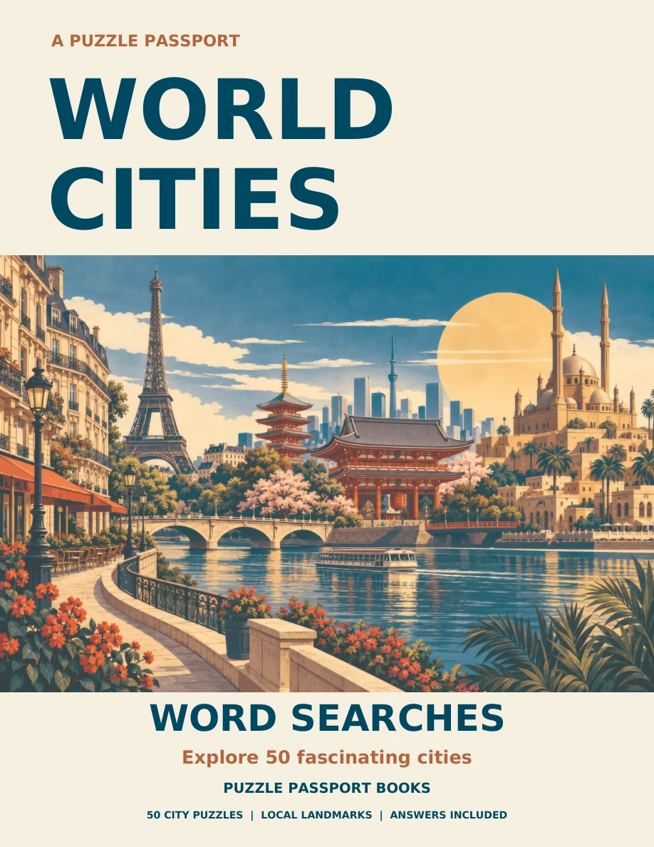The actual World Cities Word Searches book cover.