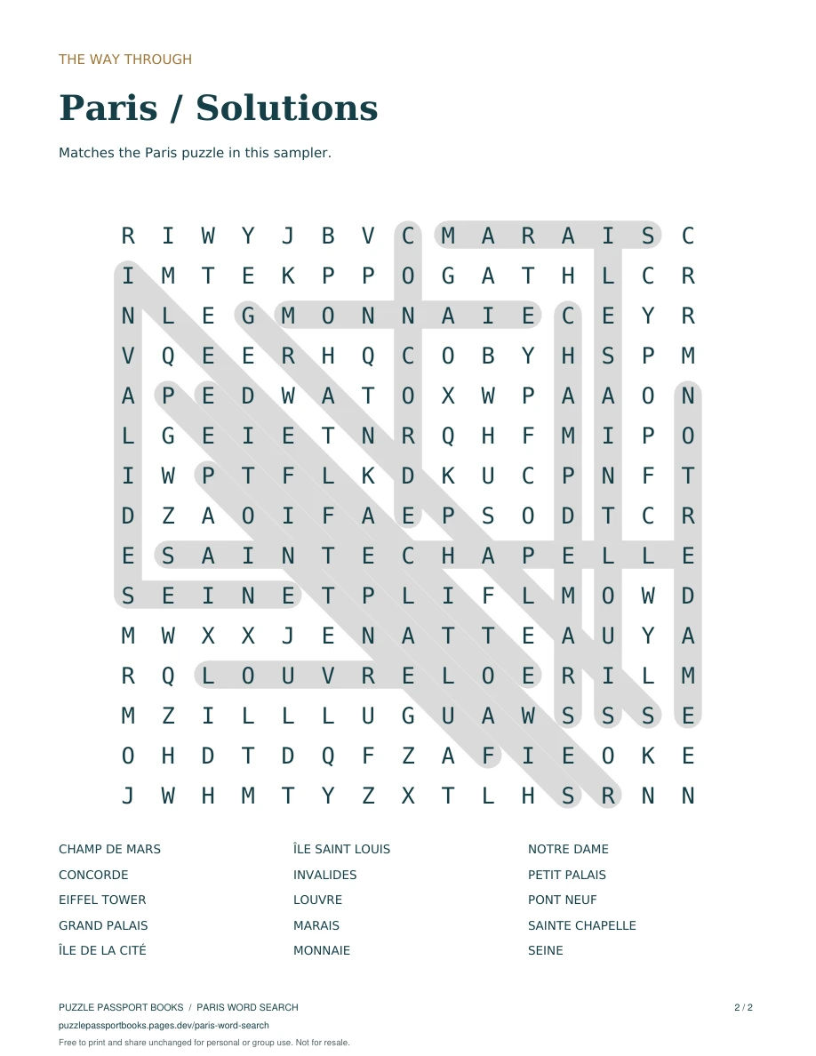 Paris solution grid with all 15 words marked.