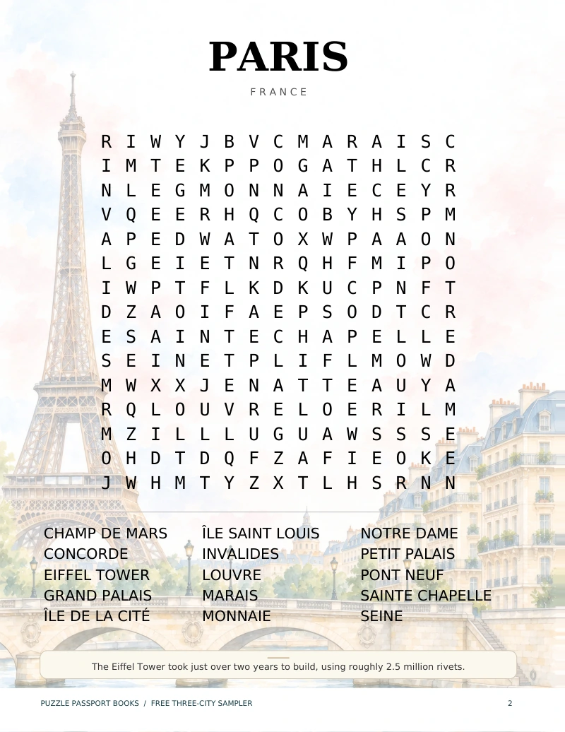 The actual Paris puzzle page, with an illustrated Eiffel Tower and city landmarks to find.