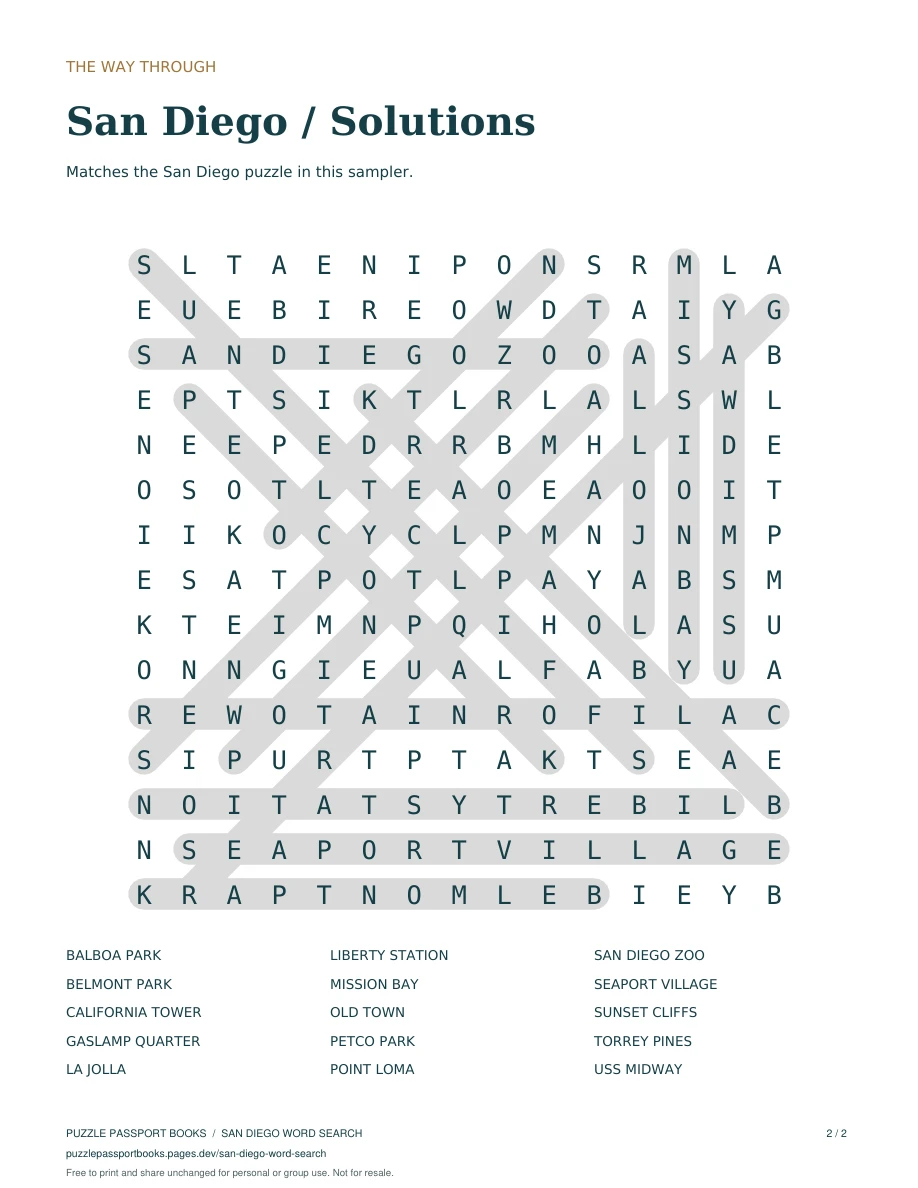 San Diego solution grid with all 15 words marked.