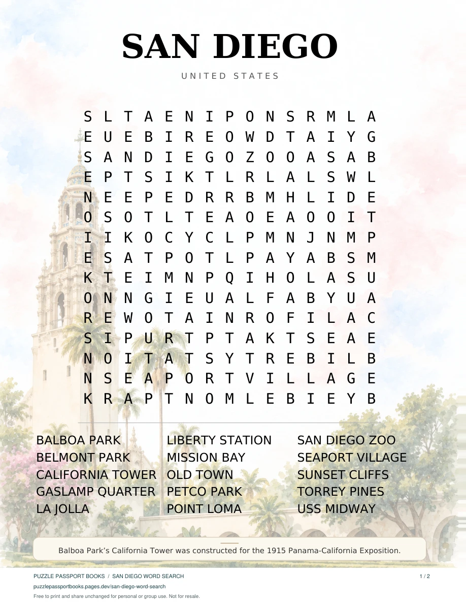 The actual San Diego word-search puzzle with its 15-word list and city illustration.