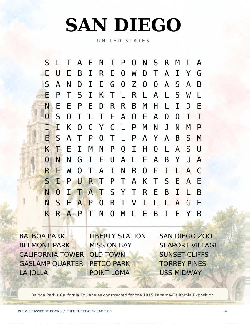 San Diego word-search preview with Balboa Park artwork and a 15-word list.