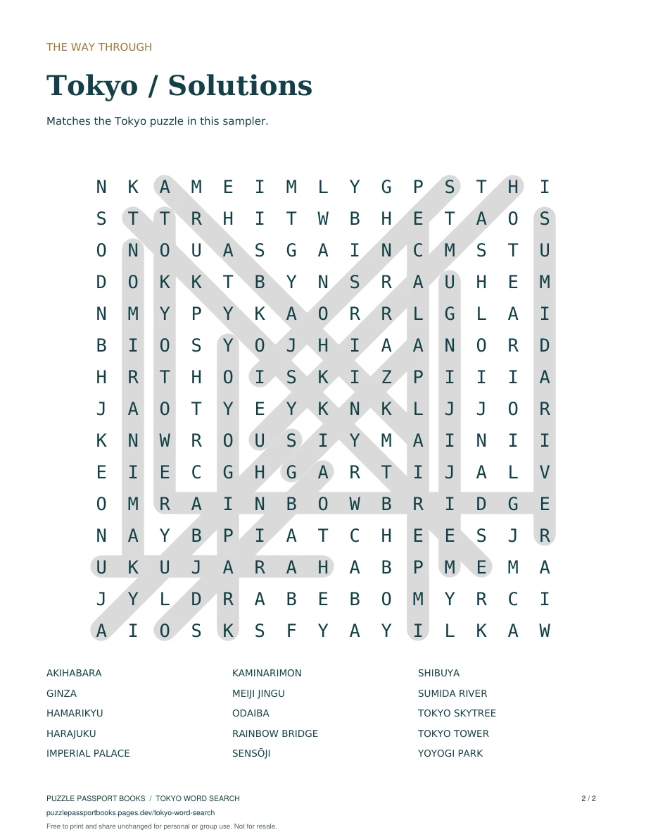 Tokyo solution grid with all 15 words marked.