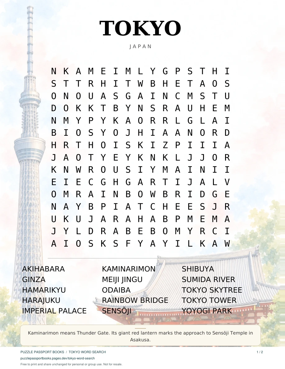The actual Tokyo word-search puzzle with its 15-word list and city illustration.