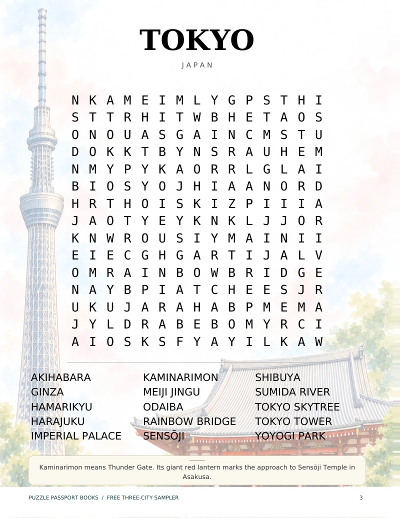 Tokyo word-search preview with a city illustration and a 15-word list.